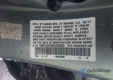 2017 Honda Civic Lx from USA, damaged, VIN 19XFC2F53HE224933